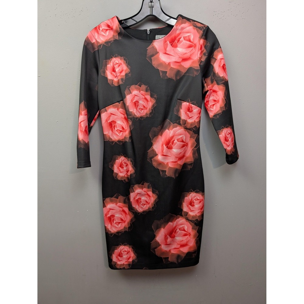 Neiman Marcus Dress Womens Small Black Red Rose Floral Sheath 3/4 Sleeve Stretch